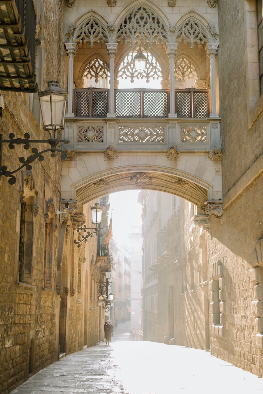 Ornate footbridge obove the Carrer del Bisbe in Barcelona's Gothic quarter.